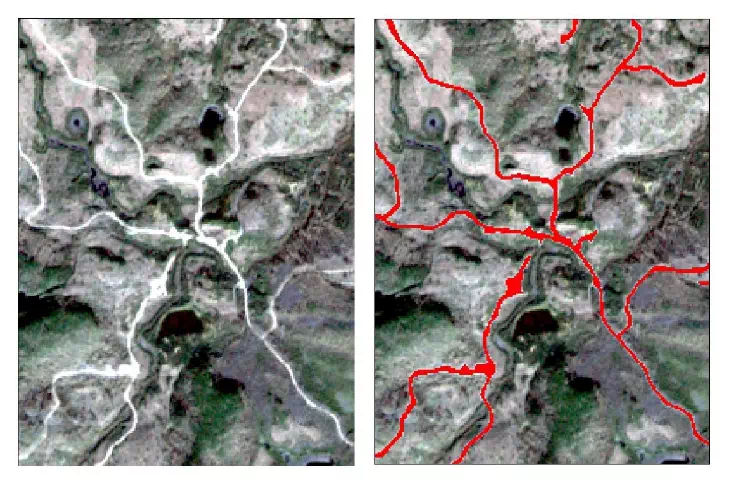 Figure 4 : Exemple de cartographie des chemins forestiers dans la région de la Côte-Nord à partir d'imagerie Sentinel-2 (rouge à droite: chemins détectés).